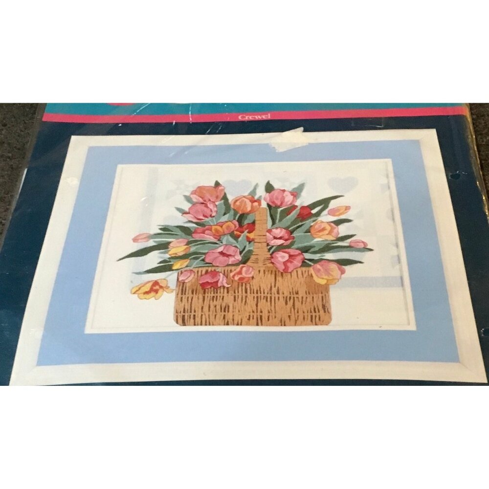 Sunset Crewel Kit 11052 Tulip Basket Soft Colored Quilt Spring Garden Flowers